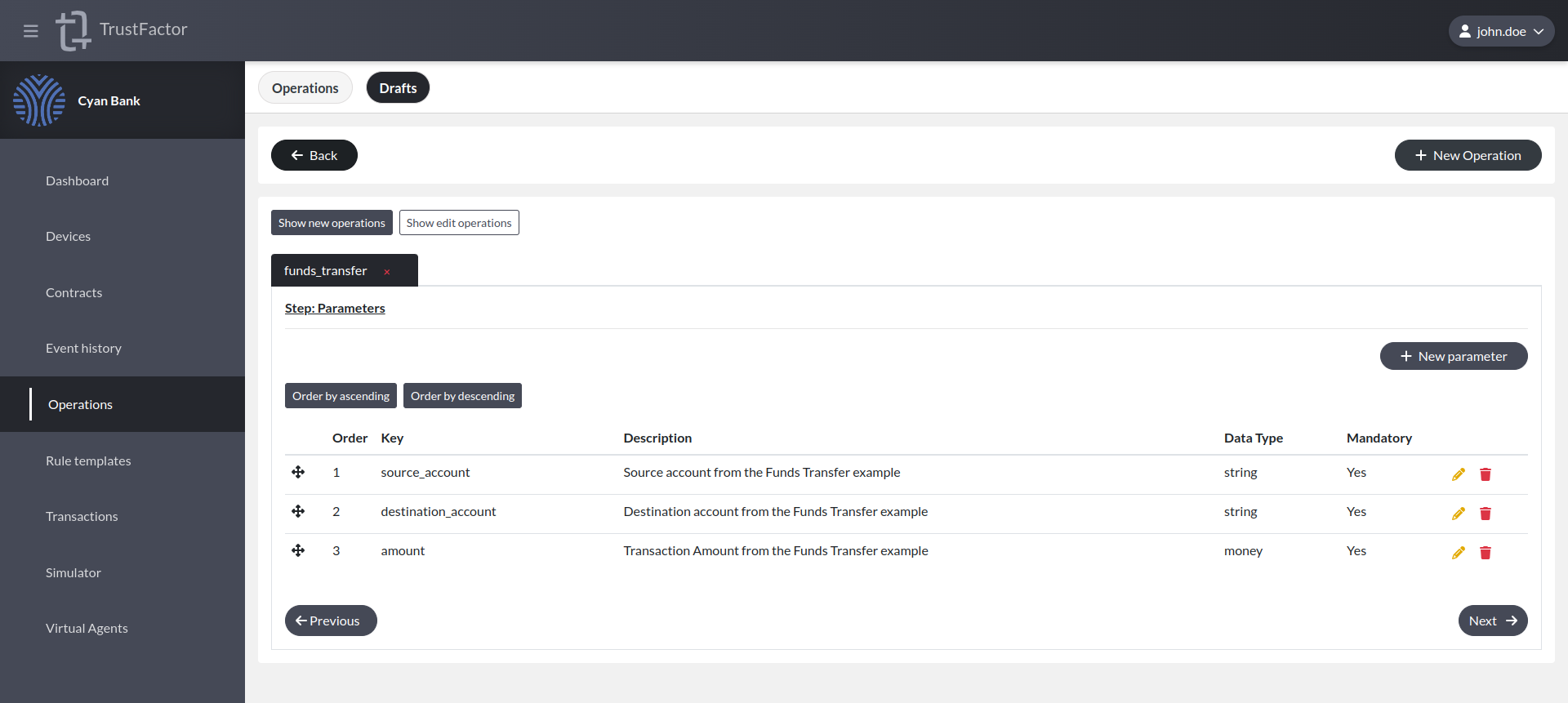 &quot;Funds Transfer Operation Parameters&quot;