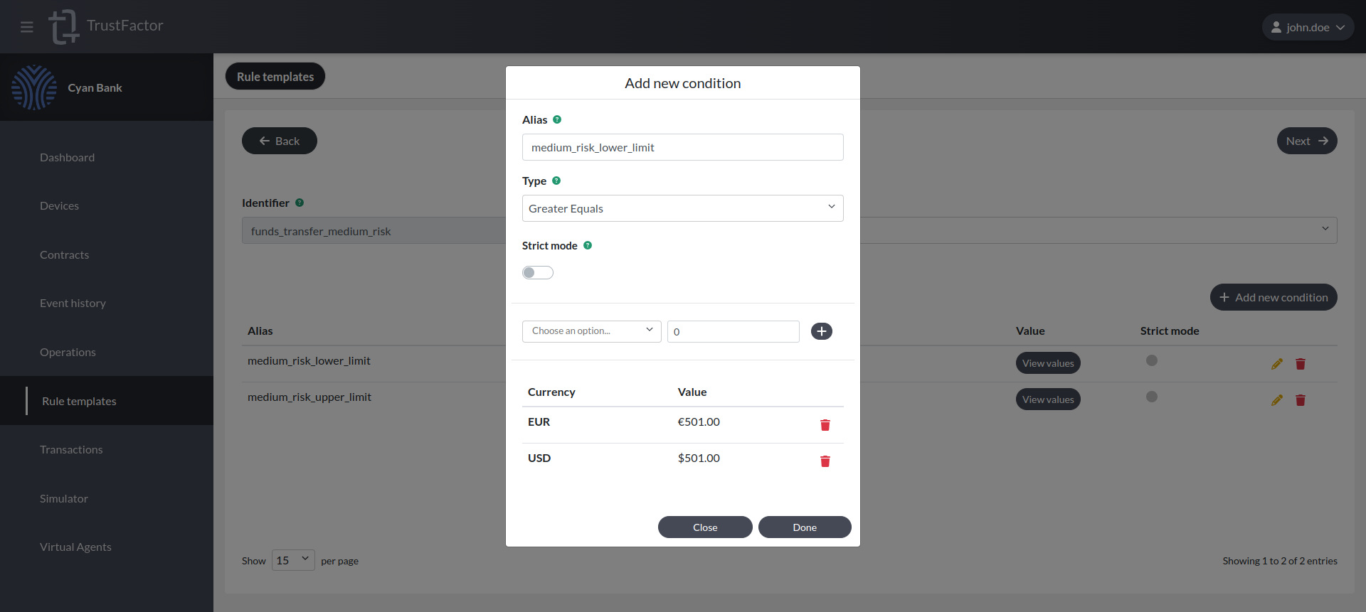 Rule Templates (Medium risk lower limit)