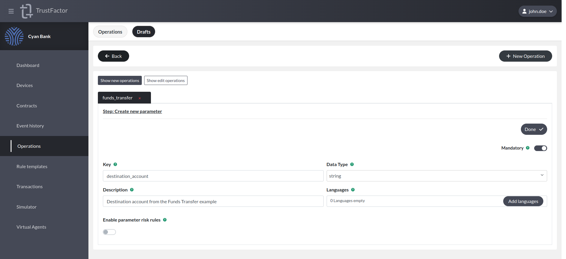 &quot;Funds Transfer Operation Destination Account Parameter&quot;