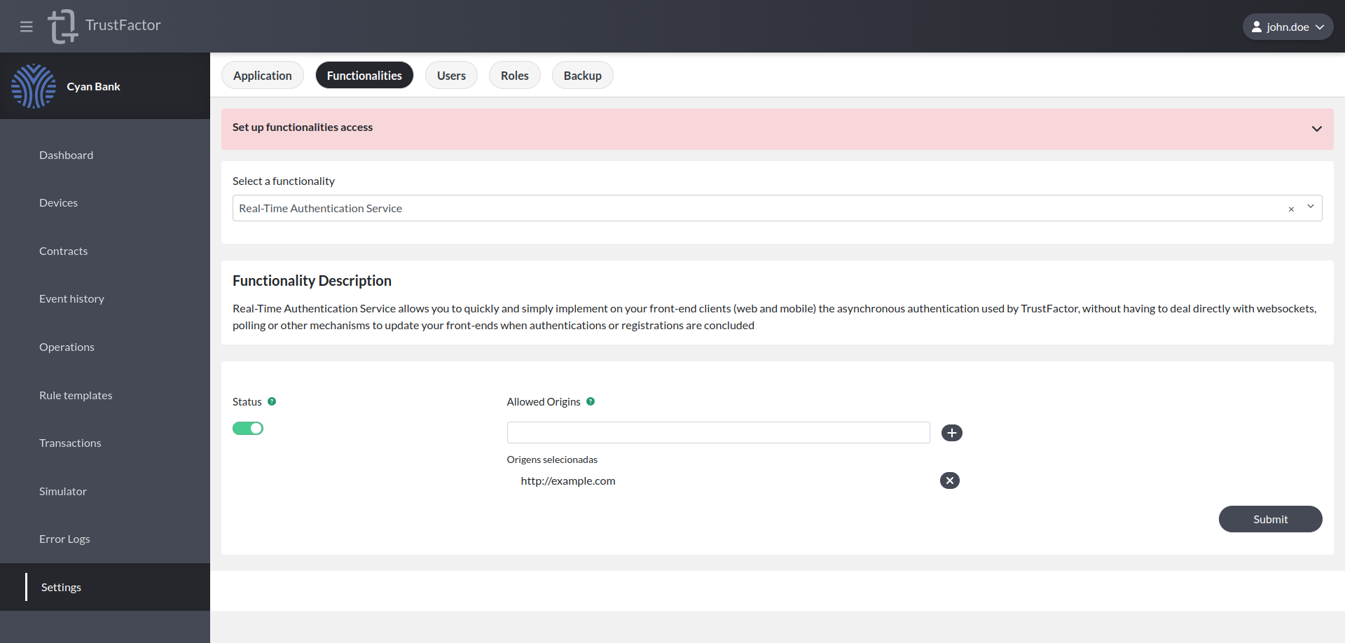 Application Functionalities - Real-Time Authentication Service Configuration