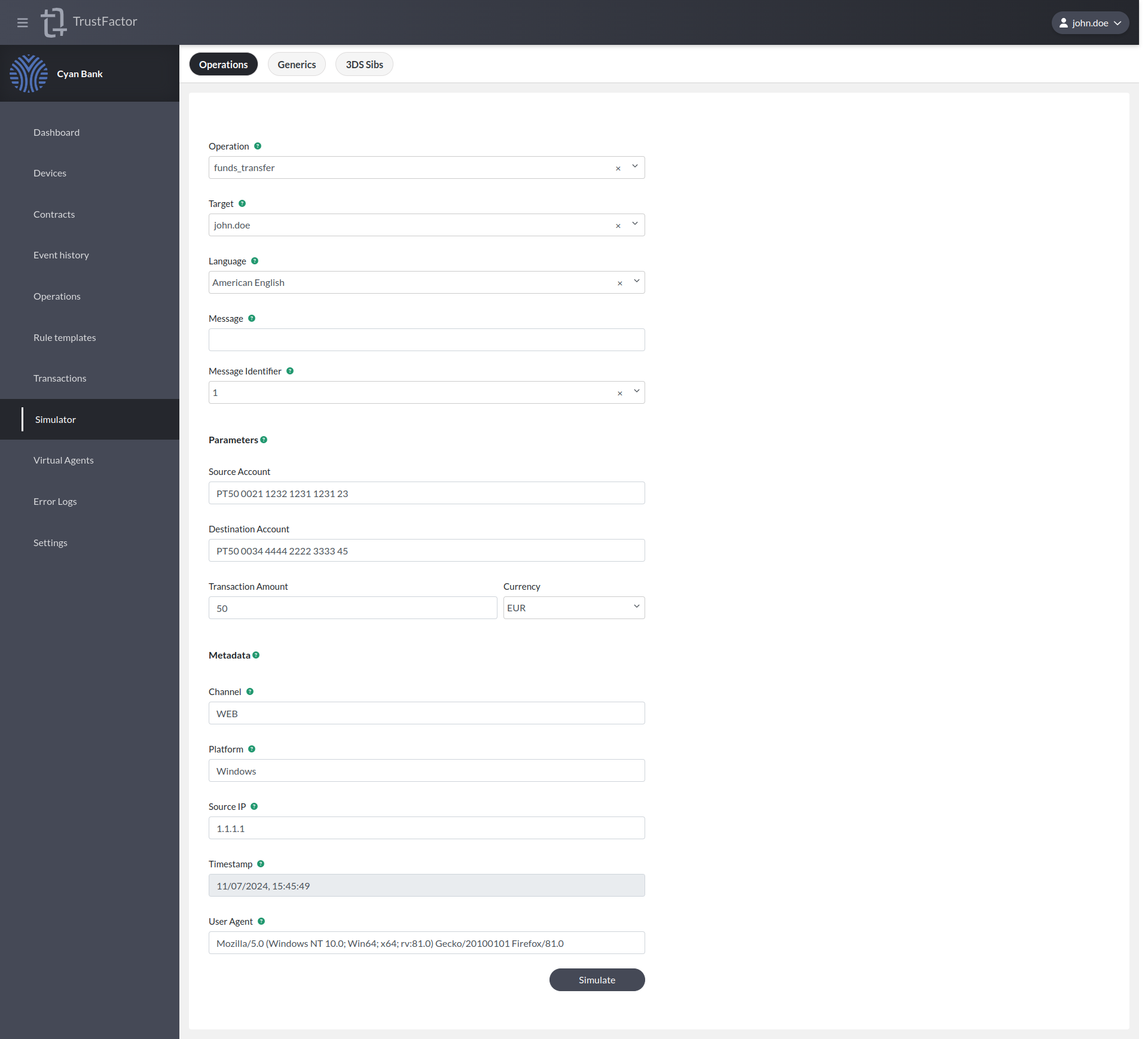 &quot;Funds Transfer Simulator Parameters&quot;